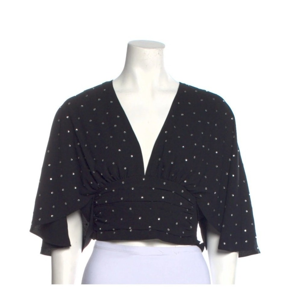 Womens Ramy Brook Black V Neck Top Rhinestones Butterfly Sleeve Size XXS Party